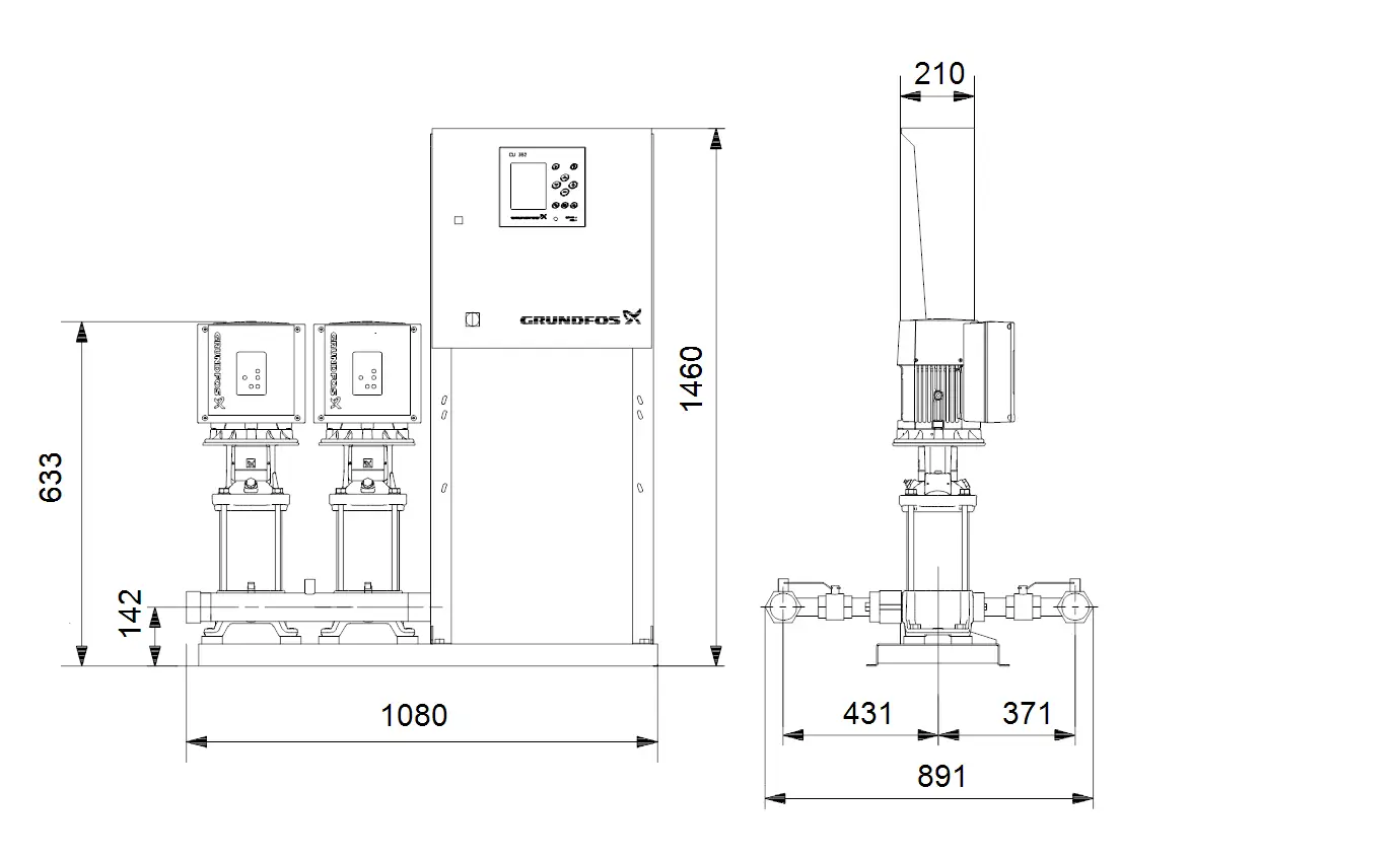 Zweipumpen-Druckerhöhungsanlage von Grundfos mit Steuerungseinheit. Abgebildet sind die Pumpen sowie die entsprechenden Anschlussmontagen.